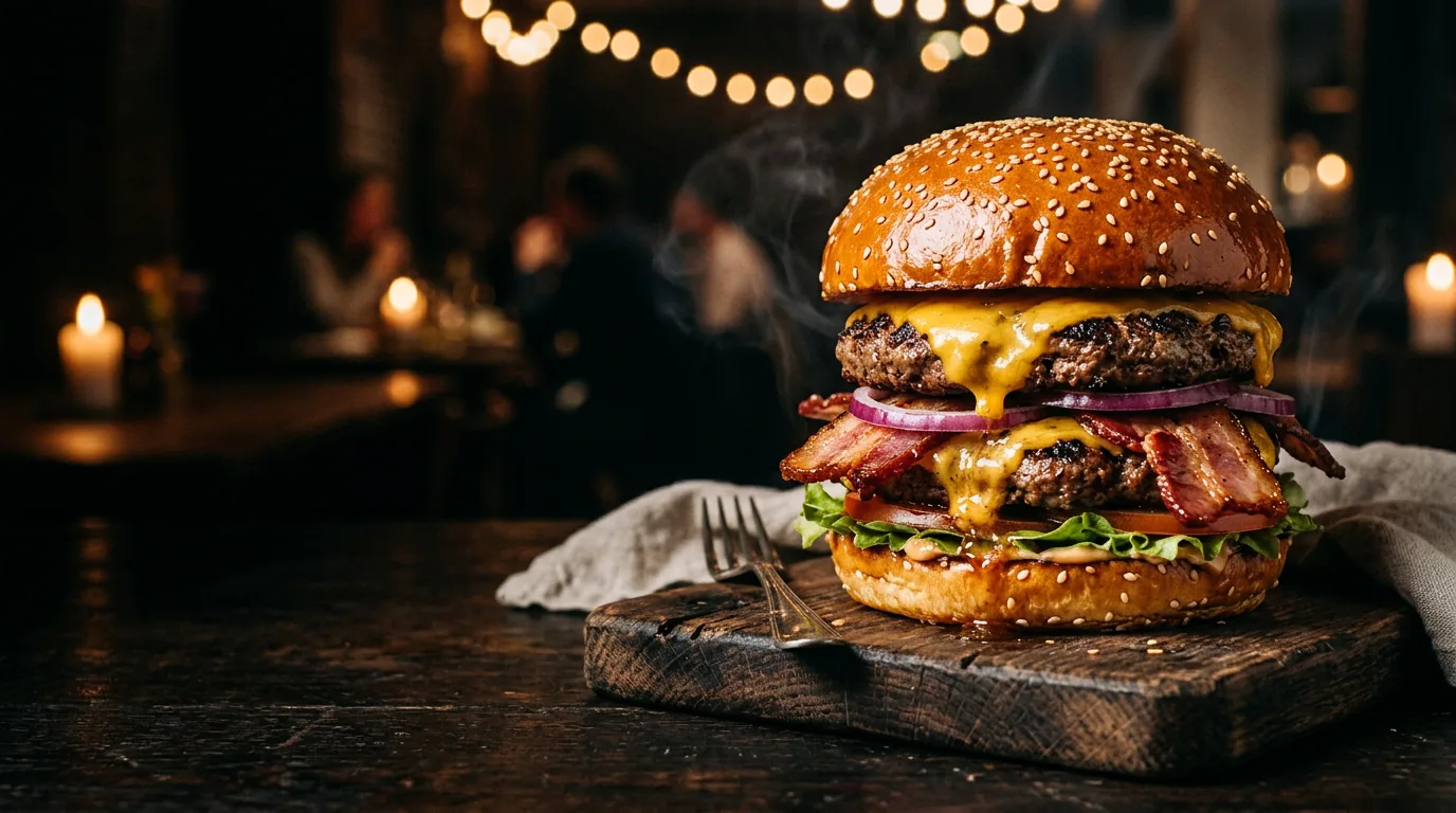 Podwójny burger z bekonem i roztopionym cheddarem na drewnianej desce